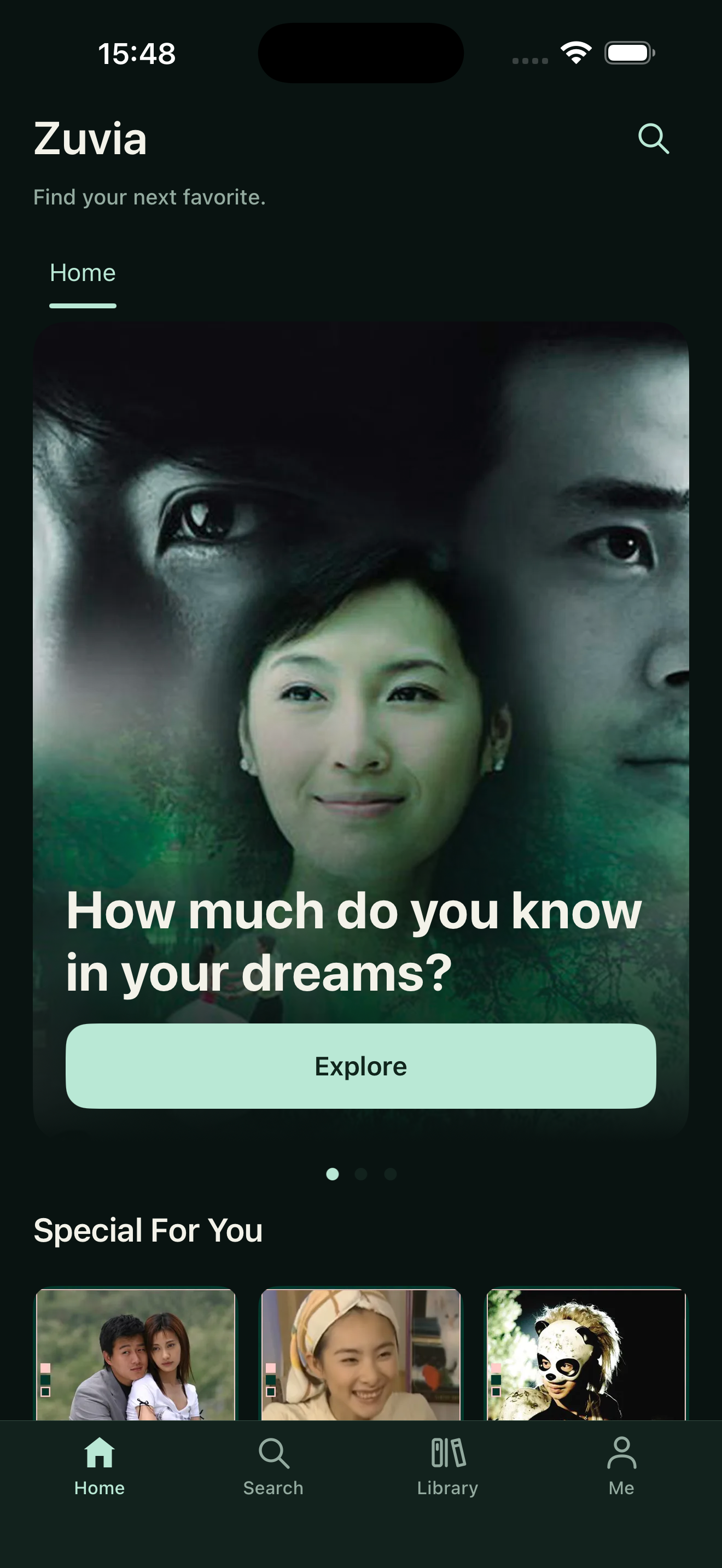 Zuvia home screen showing curated films and series